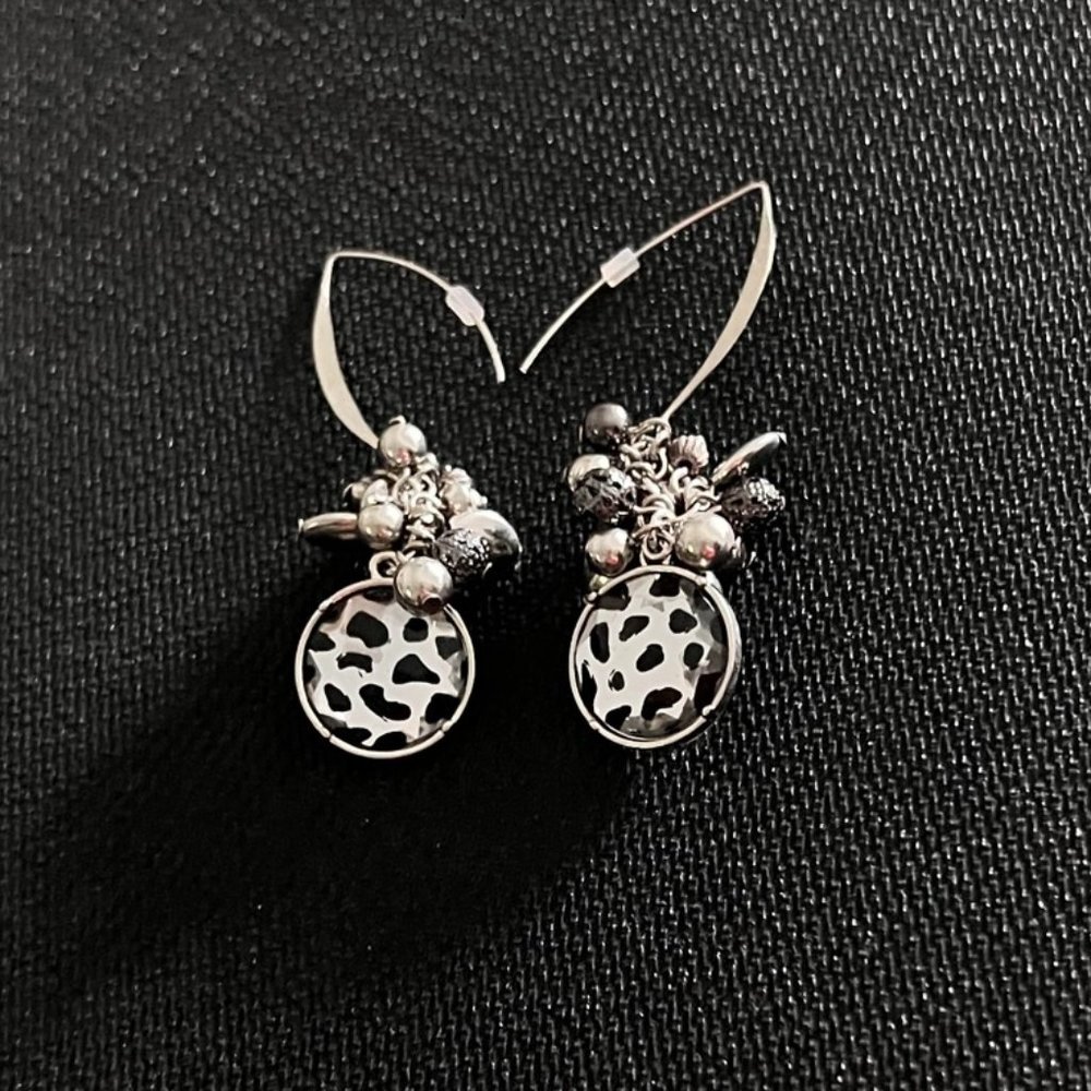 Animal Print Dangle Earrings with Beads - Silver Tone